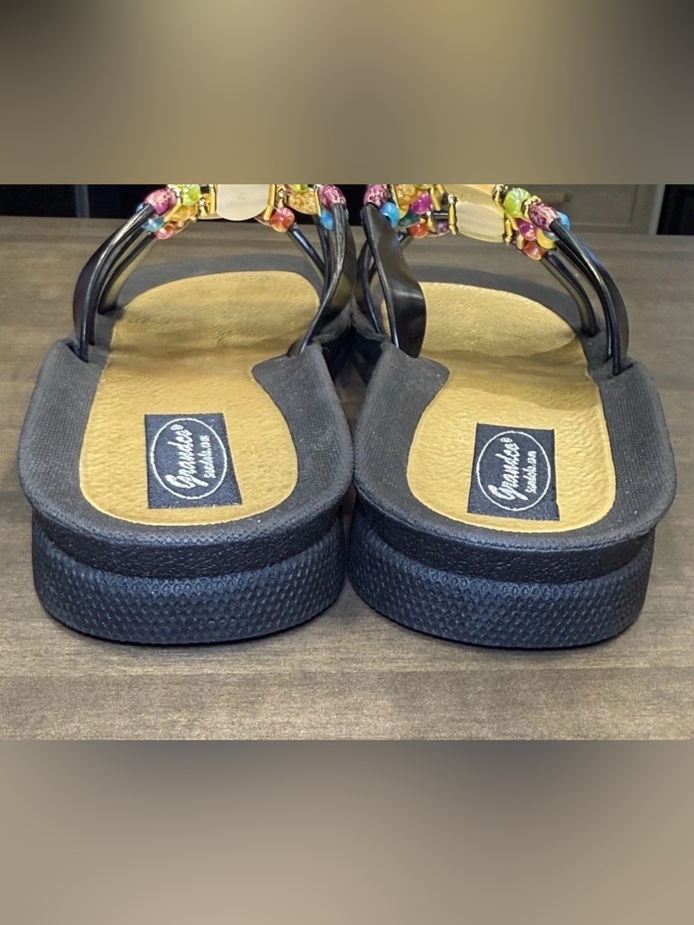 GRANDCO SANDALS Beach Pool SLIDE Sz 10 BLING Color Beads BLACK SLIDE Flip Flops - Picture 7 of 10